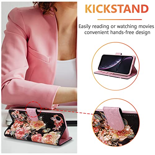 UEEBAI Wallet Case for iPhone XR, PU Leather Phone Case Kickstand RFID Blocking Flip Case with Card Slots Wrist Strap Relief Engraved Pattern Magnetic Closure Folio Case - Black Rose - color: Black Rose