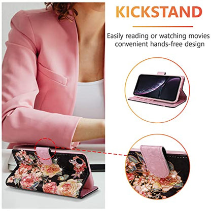 UEEBAI Wallet Case for iPhone XR, PU Leather Phone Case Kickstand RFID Blocking Flip Case with Card Slots Wrist Strap Relief Engraved Pattern Magnetic Closure Folio Case - Black Rose - color: Black Rose