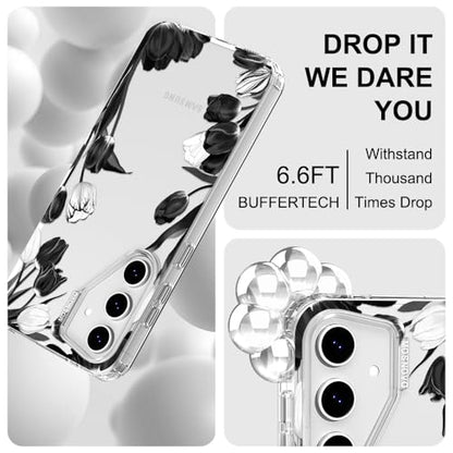 MOSNOVO Case for Samsung Galaxy S24 FE, [Buffertech 6.6ft Military-Grade Drop Protection] [Anti Peel Off Tech] Clear TPU Bumper Phone Case Cover Design - Black White Tulips - color: Clear - Black White Tulips, size: Samsung Galaxy S24 FE