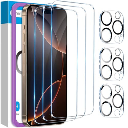Fotbor for 3Pack iPhone 16 Pro Screen Protector with 3Pack Camera Lens Protector, 9H+ Tempered Glass Easy Installation Kit, Case Friendly iPhone 16 Pro - size: iPhone 16 Pro-6.3 inch