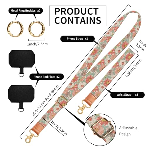 Phone Lanyard Crossbody Wrist Strap, Cute Cell Phone Lanyards for around the Neck Wristlet Wrist Strap - color: Retro Boho Flowers