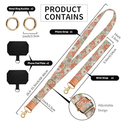 Phone Lanyard Crossbody Wrist Strap, Cute Cell Phone Lanyards for around the Neck Wristlet Wrist Strap - color: Retro Boho Flowers