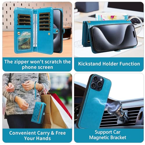 Asuwish Phone Case for iPhone 15 Pro 6.1 inch Zipper Wallet Magnetic Detachable Cell Cover with Tempered Glass Screen Protector Crossbody Strap Flower Credit Card Holder i Phone15 i15 15Pro Women Blue - color: Blue