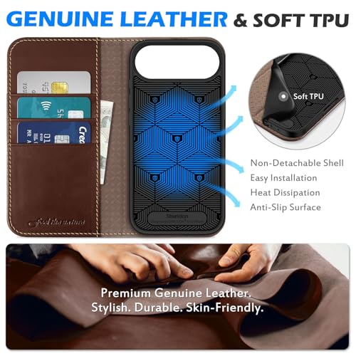 SHIELDON Genuine Leather Wallet Case for iPhone Air 6.5", Retro Coffee | Flip Magnetic Cover, RFID Blocking, Credit Card Holder, Kickstand, Book Design, Shockproof Phone Shell - color: Retro Coffee