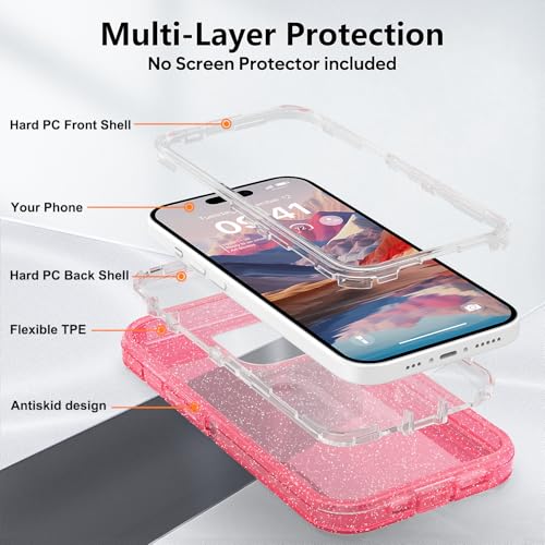 TUTUKII for iPhone 13 Case Pink Glitter | Heavy Duty Shockproof, Anti-Drop, Anti-Yellow,Triple-Layer Transparent Protective Phone Cover, 6.1" - color: Pink Glitter, size: iPhone 13 6.1"