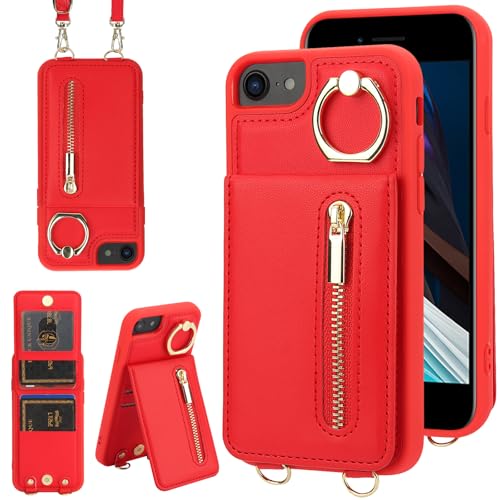 Crossbody Wallet Case for iPhone 7/8/SE 2020/SE 2022, with Card Slots Zipper Pocket Case, Flip Folio Purse RFID Blocking with Ring Kickstand Detachable Strap-Red - color: Red, size: iPhone 7/8/SE 2020/SE 2022 (4.7")