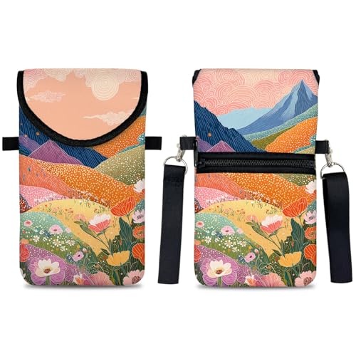 Neoprene Cell Phone Sleeve Pouch Case Bag with Crossbody Strap Neck Lanyard for Women 7.5 X 4.3 in Colorful Mountains - color: Colorful Mountains
