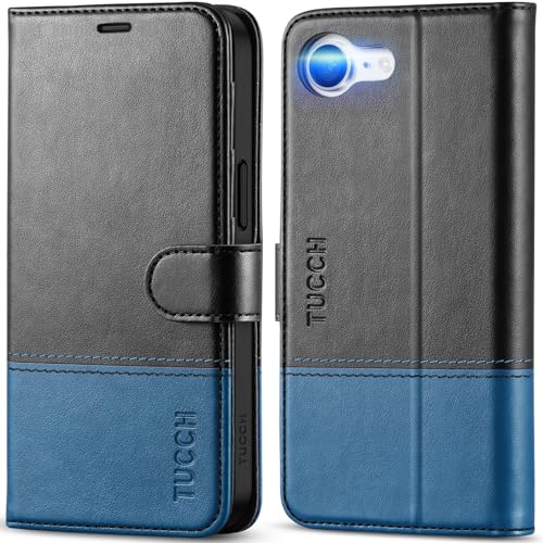 TUCCH Case Wallet for iPhone 17e 16e 6.1", Flip Stand, Black & Light Blue | 4 Card Holders, Kickstand, PU Leather, Magnetic Closure, Shockproof TPU Shell, Protective Flip Cover - color: Two-tone Black & Light Blue