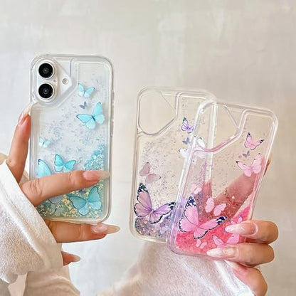Compatible with iPhone 17 Pro Glitter Butterfly Case Glow in The Dark Women Girls Girly Bling Sparkle Flowing Quicksand Light up Soft TPU Bumper Luminous Clear Phone Cover, Pink - color: Blue, size: iPhone 17
