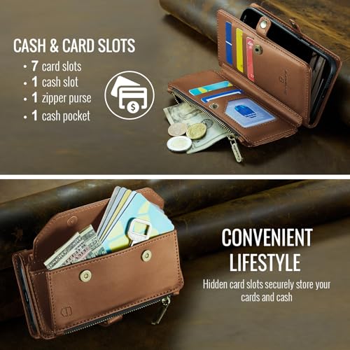 Strapurs Wallet Case Compatible with iPhone 14 Pro RFID Blocking 7-Card Holder Soft PU Leather Magnetic Snap Shoulder Strap Zipper Pocket Phone Case Fit for iPhone 14 Pro 6.1" - Brown | RFID Blocking 7-Card Holder, Shoulder Lanyard, Wirst Strap, Zipper Po