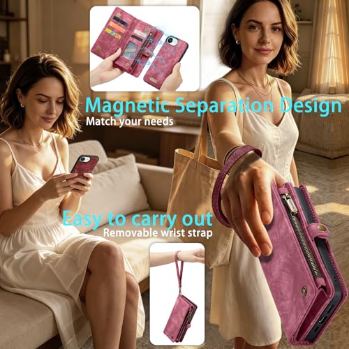 Compatible with iPhone 17E/16E Wallet Case with Magsafe,Red | Magnetic Detachable Case,Card Holder,Zipper Pocket,Strap Wristlet, Soft Leather Drop-Proof Phone Case for iPhone 17E/16E - color: (Detachable and Magsafe)-Red, size: iPhone 16E/17E 6.1 Inch