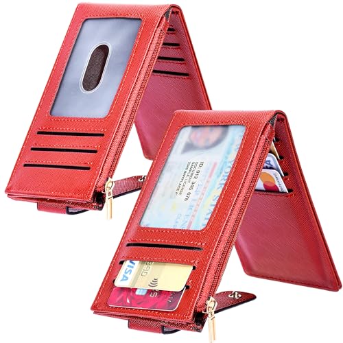 Chelmon Women's RFID Slim Card Holder Wallet | Thin Bifold Multi Card Case with Zipper Coin Pocket Purse for Women(Red) - color: Red