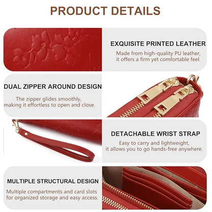 yiijay Womens Wallet RFID Blocking Large Capacity Vegan Leather Double Zip Wristlet Wallet Card Holder Travel Ladies Clutch - color: Red