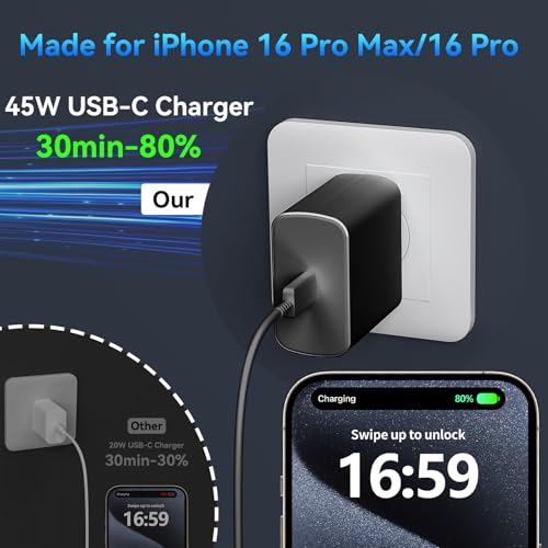 Phone 17 16 Pro Max Charger Fast Charging, 45W Super Fast USB C Charger Block with 6.6FT Charging Cable for 17 16 Pro Max/17 16 Pro/16 Plus,15 Pro Max/15 Pro/16, Android Phone - color: black, size: 6.6 Ft