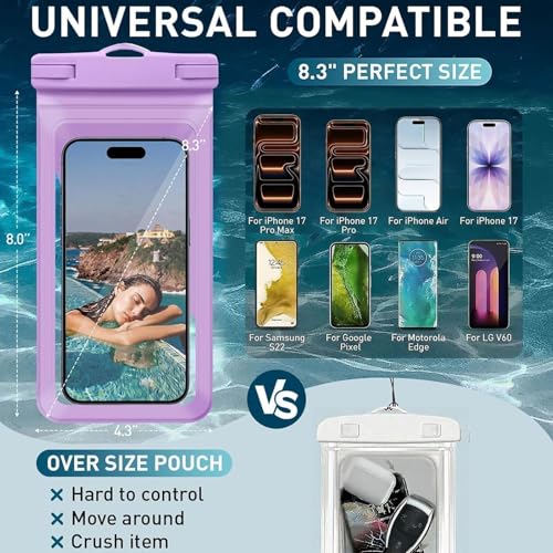 Waterproof Phone Pouch for iPhone 17 16 Pro Max IPX8 Black+Purple | Card Pocket, Lightweight, Large Cellphone Dry Bag, IPX8 Rated, Beach Essential, Cruise Ship, 2 Pack, 8.3 inch - color: B9-A2-Purple+Black- 2 pack