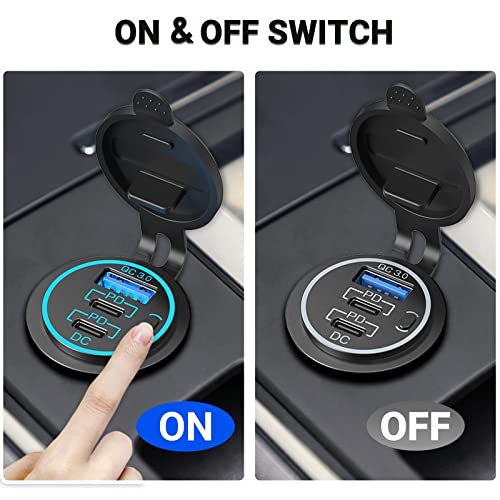 USB C Car Charger Socket 12V USB Outlet 2 Pack,78W RV USB Outlet Dual 30W PD USB-C and 18W QC3.0 Car USB Port with Button Switch Waterproof for Car RV Boat Marine Truck Motorcycle ect