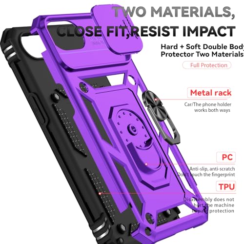 for iPhone 17E / iPhone 16E Case, with Camera Lens Cover HD Screen Protector, Dual Layer Military-Grade Drop Tested Magnetic Ring Holder Kickstand Protective Phone Case for iPhone 16E / 17E (Purple) - color: Purple with camera cover Military-Grade 2nd gen