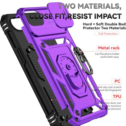 for iPhone 17E / iPhone 16E Case, with Camera Lens Cover HD Screen Protector, Dual Layer Military-Grade Drop Tested Magnetic Ring Holder Kickstand Protective Phone Case for iPhone 16E / 17E (Purple) - color: Purple with camera cover Military-Grade 2nd gen