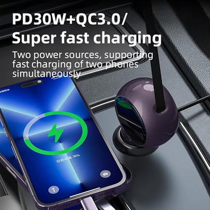 60W Retractable USB-C Car Charger – Dual Port Fast Charging Adapter – Compact, Travel-Ready – Works with iPhone 15, Samsung, iPad, MacBook, Trucks & Cars