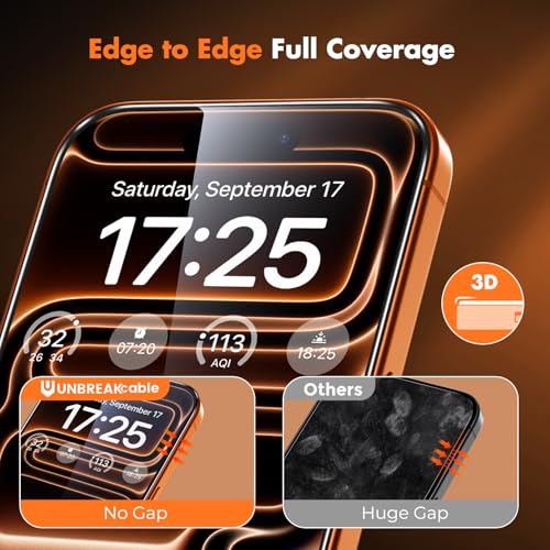 UNBREAKcable for iPhone 17 Pro Max Screen Protector, 3-Pack Full Coverage Tempered Glass [Military Grade Shatterproof] [9H Hardness] [Easy Installation] [Bubble Free] for iPhone 17 Pro Max 6.9" - size: iPhone 17 Pro Max
