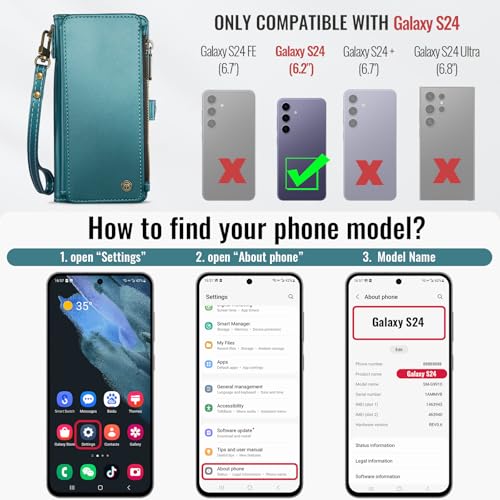Defencase for Samsung Galaxy S24 Wallet Case with RFID Card Holder, Green | Durable Soft PU Leather, with Zipper Pocket, Wrist Strap, Fashion Snap Flip S24 Phone Cases Cover with Stand for Women Men - color: Blue Green