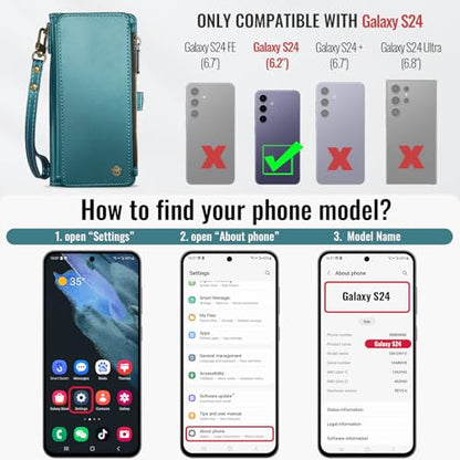 Defencase for Samsung Galaxy S24 Wallet Case with RFID Card Holder, Green | Durable Soft PU Leather, with Zipper Pocket, Wrist Strap, Fashion Snap Flip S24 Phone Cases Cover with Stand for Women Men - color: Blue Green