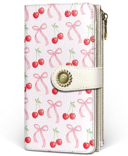 GIANCOMICS Cute Womens Wallet RFID Blocking, Bow Credit Card Holder Bifold | Billfold, Cute Cash Purse, Travel Zipper Coin Pocket, Compact Clutch, PU Leather, ID Window, 11 Card Slots, Ladies Gift Woman - color: Bows and Cherry