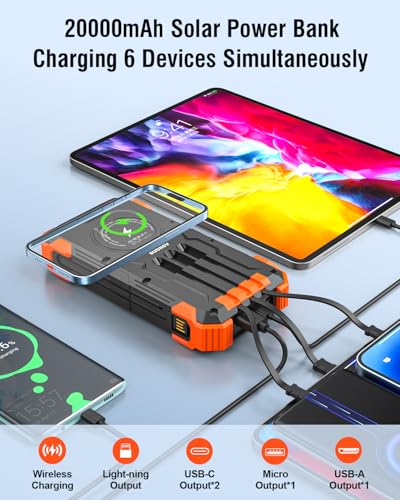 Sudrov Solar Charger Power Bank with 4 Cables, 20000mAh Solar Power Bank