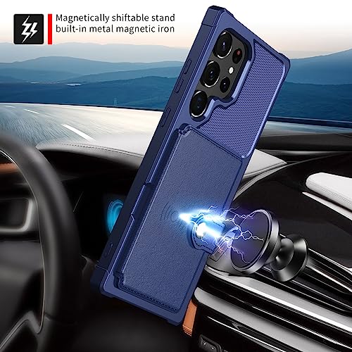 Wallet Case for Samsung Galaxy S22 Ultra, Compatible with Magnetic Car Mount, Heavy Duty Shockproof Rugged Soft TPU Back Leather Flip Credit Card Holder Cover 6.8 inch, Blue | Compatible with Magnetic Car Mount, Shockproof Rugged Soft TPU Hard Back Leathe