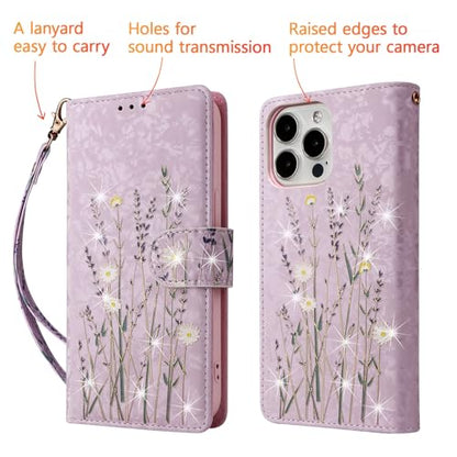 UEEBAI Wallet Case for iPhone 13 Pro Max, PU Leather Phone Cover Kickstand RFID Blocking Flip Case Card Slots Wrist Strap Relief Engraved Pattern Magnetic Closure Flower Folio Wallet, Lavender - color: Lavender, size: iPhone 13 Pro Max