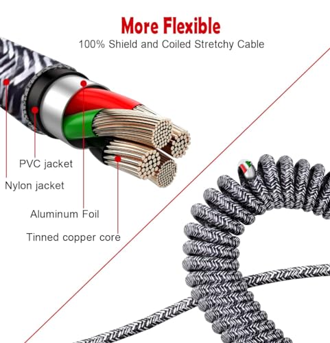 Coiled 90° USB-A to Lightning Cable (Zebra Black) – Braided, Fast Charging, Right-Angle Car Charger Cord, 2–8 ft Stretch for iPhone & iPad