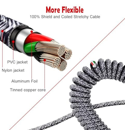 Coiled 90° USB-A to Lightning Cable (Zebra Black) – Braided, Fast Charging, Right-Angle Car Charger Cord, 2–8 ft Stretch for iPhone & iPad