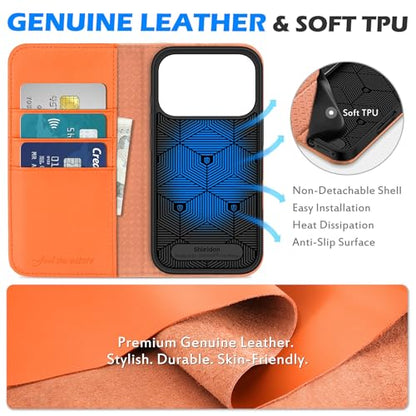 SHIELDON Genuine Leather Case Wallet for iPhone 17 Pro 6.3" 2025, Orange | Magnetic Closure, RFID Blocking, Credit Card Slot, Kickstand, Flip Book Design, Soft Shockproof Phone Cover - color: Orange