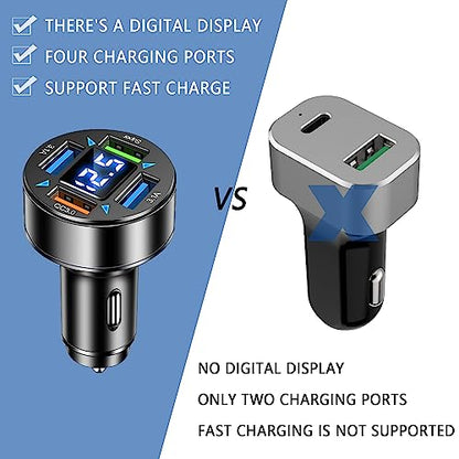 66W Fast Car Charger,4 Ports Cigarette Lighter USB Charger with LED Voltmeter,QC3.0/Super Port Car Charger Adapter Fast Charging,Compatible with Android/Samsung Galaxy/iPad - color: QC3.0/Super