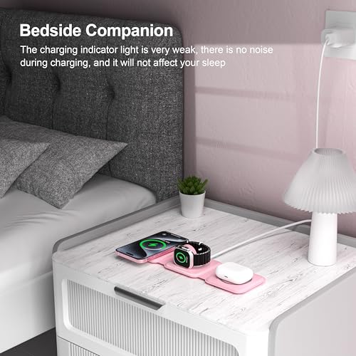 3 in 1 Charging Station for Multple Devices,Foldable 3 in 1 Wireless Charger for Travel,Nano Wireless Charging Station for iPhone16 15 14 13 12 Pro Max/Watch 10 9 8 7 6 5 4 3 Ultra/AirPod Pro - color: Pink