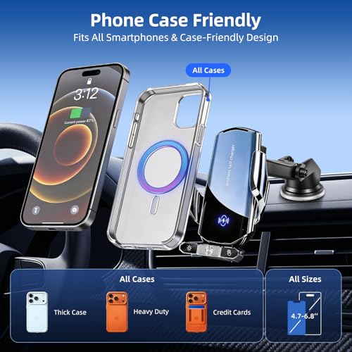 Car Phone Holder,Car Mount Charger,15W Wireless Charging & 10W Magnetic Charging(3 Connectors),Auto-Clamping Hands Free,Suction Cup Mount for Windshield,Mirror & Screen,Car Accessories & Gift - size: Universal | 3in1 Charging