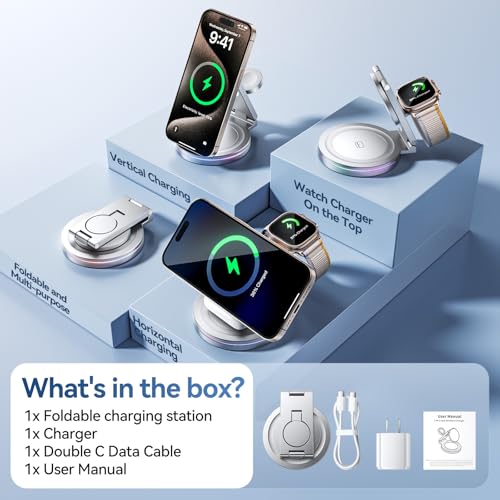 3 in 1 Wireless Charging Station for Apple Charger, 15W Fast Mag-Safe Qi-Certified Magnetic Portable Charger Stand for iPhone 1615141312 Apple Watch AirPods 3/2 Pro, Adjustable Angle (Silver, Qi)