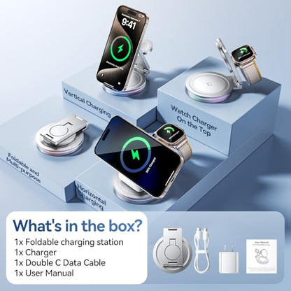 3 in 1 Wireless Charging Station for Apple Charger, 15W Fast Mag-Safe Qi-Certified Magnetic Portable Charger Stand for iPhone 1615141312 Apple Watch AirPods 3/2 Pro, Adjustable Angle (Silver, Qi)