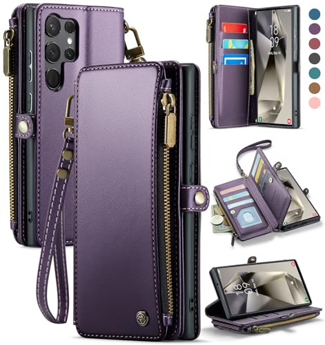 Defencase for Samsung Galaxy S23 Ultra Wallet Case with Card Holder, Purple | Durable PU Leather, with RFID Blocking Zipper Pocket, Wrist Strap, S23 Ultra Flip Phone Cases Cover with Stand for Women Men - color: Aesthetic Purple