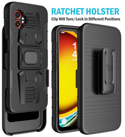 Nakedcellphone Rugged Combo for Galaxy XCover 7 Pro Case - Carbon Fiber | Hybrid Cover + Belt Clip Holster, Rotating Phone Holder, Ring Grip, with Kickstand, For XCover7 Pro (2025, SM-G766) - color: Carbon Fiber