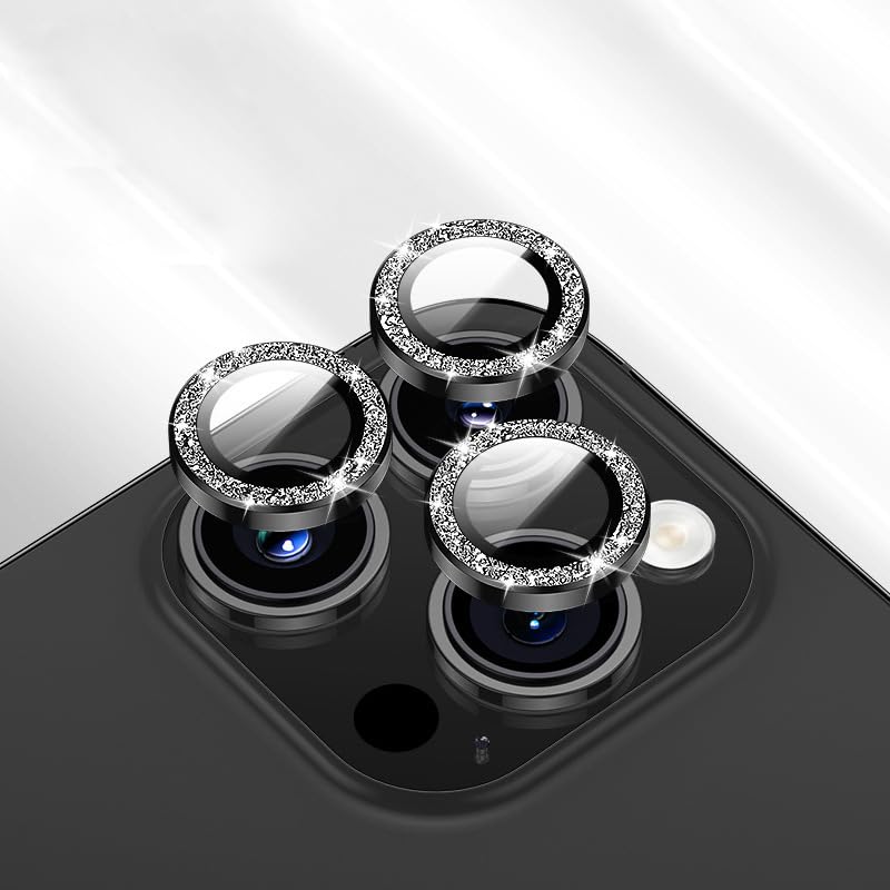 Camera Lens Protector for iPhone 17 Pro Max/17 Pro/16 Pro Max/16 Pro 9H Tempered Glass Screen Protector Cover Alignment Kit Metal Individual Ring (Black Glitter) - color: Black Glitter