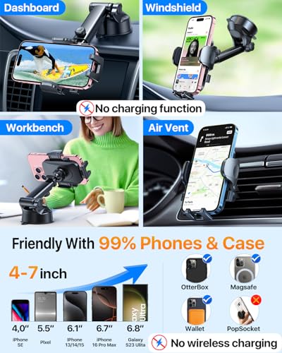 HTU Car Phone Holder【2026 Upgraded 100+LBS Suction & Safety Cert】 Cell Phone Car Mount for Truck Heavy Duty Phone Holder for Dashboard/Windshield/Vent for iPhone 17 16 Pro Max, Grey - color: Grey