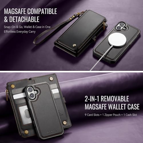 Defencase for iPhone 17 Phone Case Wallet Compatible with Magsafe, Black | Magnetic Detachable, Drop-Proof Protective Wallet Cases Cover, with RFID Bolcking Card Holder, Zipper Strap, Soft PU Leather - color: (Detachable with Magsafe)-Black