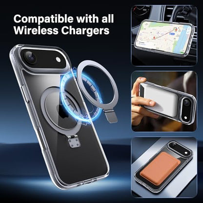 Magnetic Case for iPhone Air - [Built-in Invisible Stand] [Compatible with MagSafe] [Military Grade Drop Protection] Anti-Yellowing Hard Back Silicone Edge Cover, 6.5", Clear - color: Clear, size: iPhone Air 6.5''