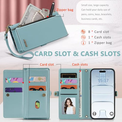 for iPhone 17 Air Wallet Case, Detachable Magnetic Phone Case,Faux Leather Strap Wallet,with RFID Blocking，Zipper Card Holder，Shoulder Straps (Blue) - color: Blue, size: iPhone 17 Air