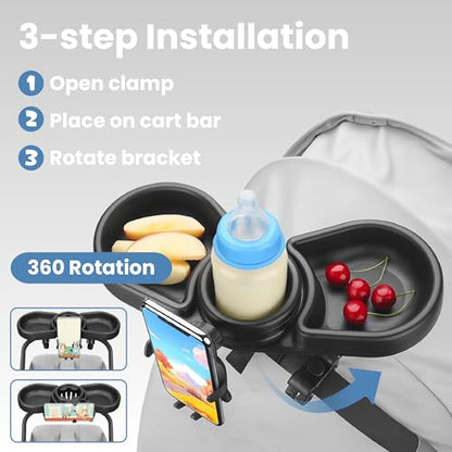 Stroller Tray with Cup Holder & Phone Mount, 360° Rotation