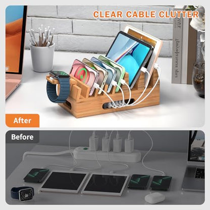 Bamboo Charging Station with 5-Port USB Charger & 5 Cables-Natural Bamboo - color: #2 (Dock+Cables+Adaptor)