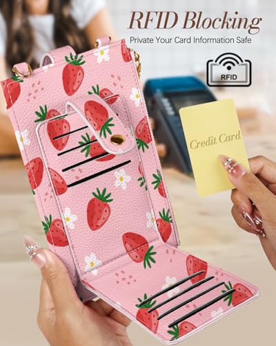 Miss Adola RFID Cell Phone Purse Crossbody Bag for Women | RFID Blocking, Card Slots, Dual Straps, Leather Phone Wallet, Magnetic Buckle, Smooth Zipper, Crossbody Purse for Daily Use - color: Flower Strawberry