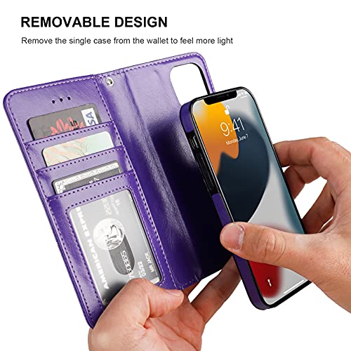 Bocasal Detachable Wallet Case Card Holder for iPhone 13, Purple | RFID Blocking Kickstand Card Slots Holder PU Leather Magnetic Shockproof Wrist Strap Removable Flip Protective Cover 6.1 inch - color: Purple