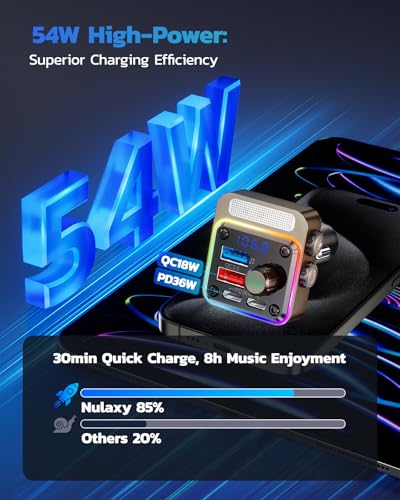 Nulaxy 54W Bluetooth 5.3 Car Adapter, FM Transmitter 4-Port Fast Charging - color: Gold